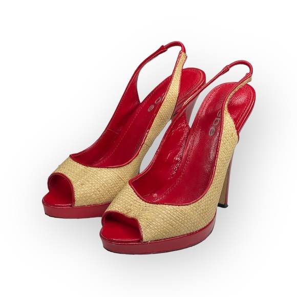 Bebe ᪥ Katie Woven Straw Platform Slingback Heeled Sandals ᪥ Red Leather ᪥ 6M ᪥ - Picture 6 of 16